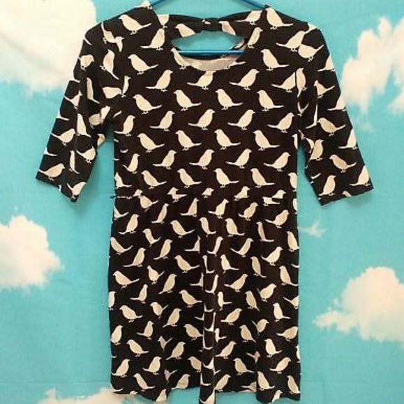 📵SOLD🚫Print Birds Dress Black Stretch Cut Out - Picture 4 of 6